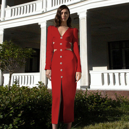 V-neck Long-sleeved Slit Dress