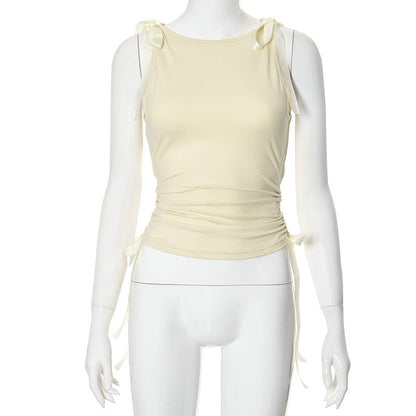 Navel Solid Ribbon Drawstring Top