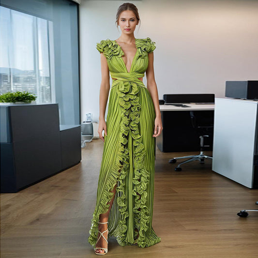 Ruffled Pleated High Slit Dress