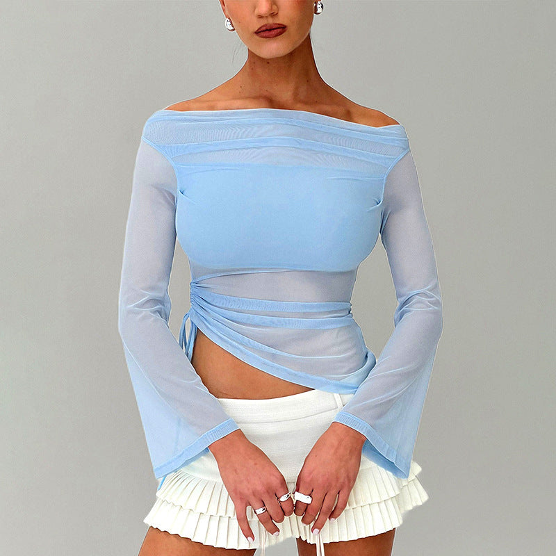 Solid Long-sleeved Off-shoulder Top