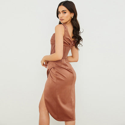 Corset-Style One‑Shoulder Irregular Slit Dress