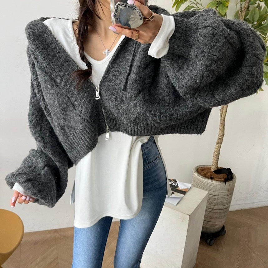 Zipper Hooded Crop Sweater