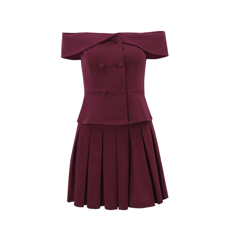 Off-shoulder Top Pleated Skirt Set