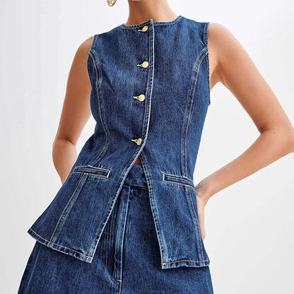 Denim Top And High Waist Shorts Set