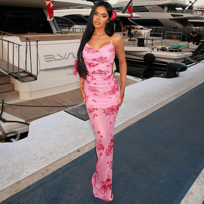 Mesh Side Slit Flower Dress