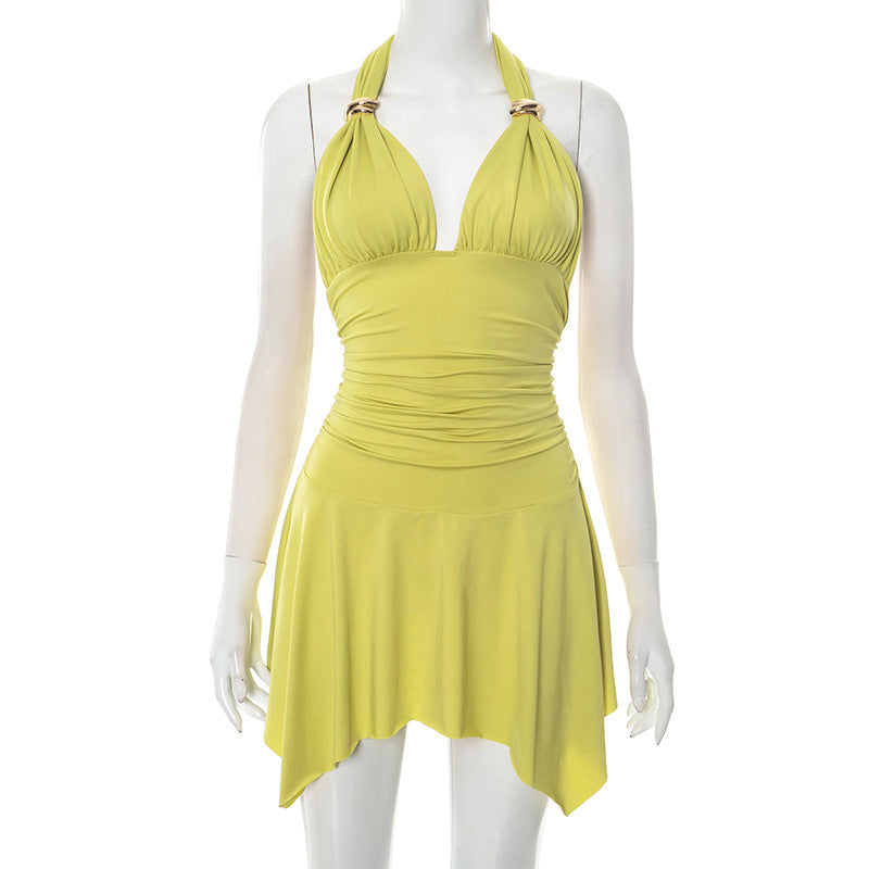 V-neck Halter Lace-up Pleated Dress