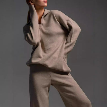 Simple Loose Solid Collar Sweater Set