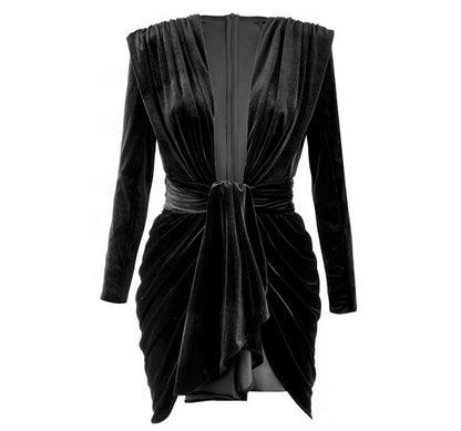 Black Velvet Deep V-neck Dress