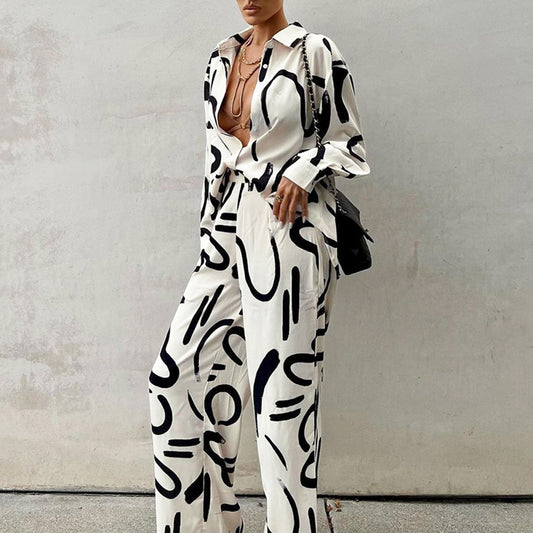 Printed Long  Wide-Pants Two-piece Set