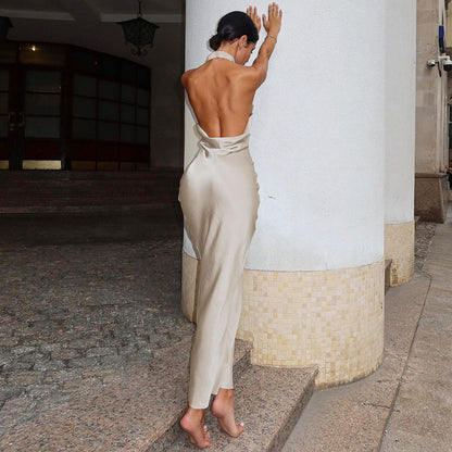 Sleeveless Halter Backless Satin Dress