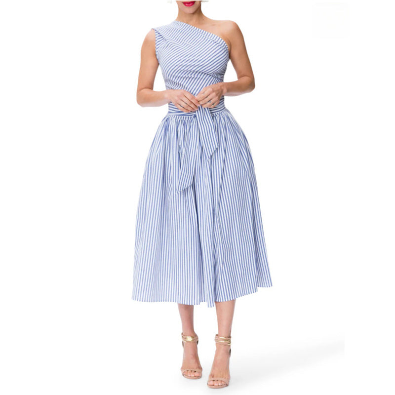 One Shoulder Striped Midi Dress