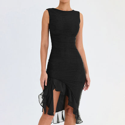 Slim Ruffled Sleeveless Dress