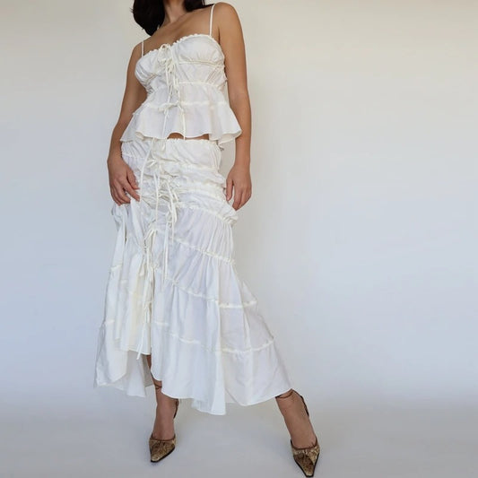 Slim-fit Patchwork Top Tie-up Skirt Set