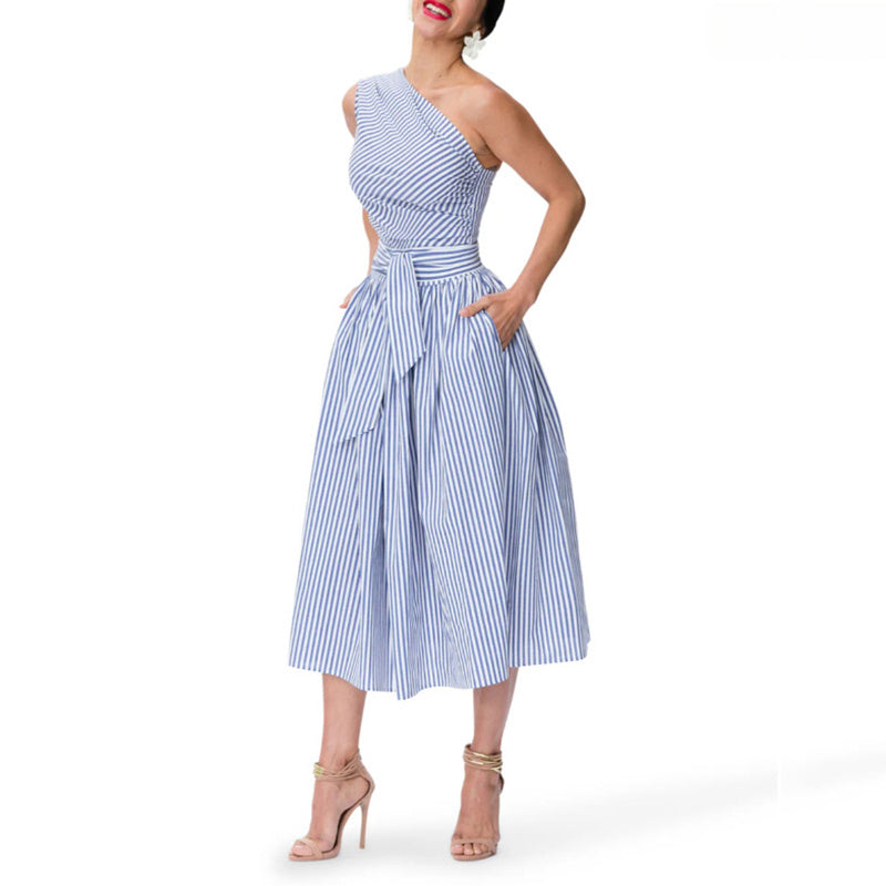 One Shoulder Striped Midi Dress