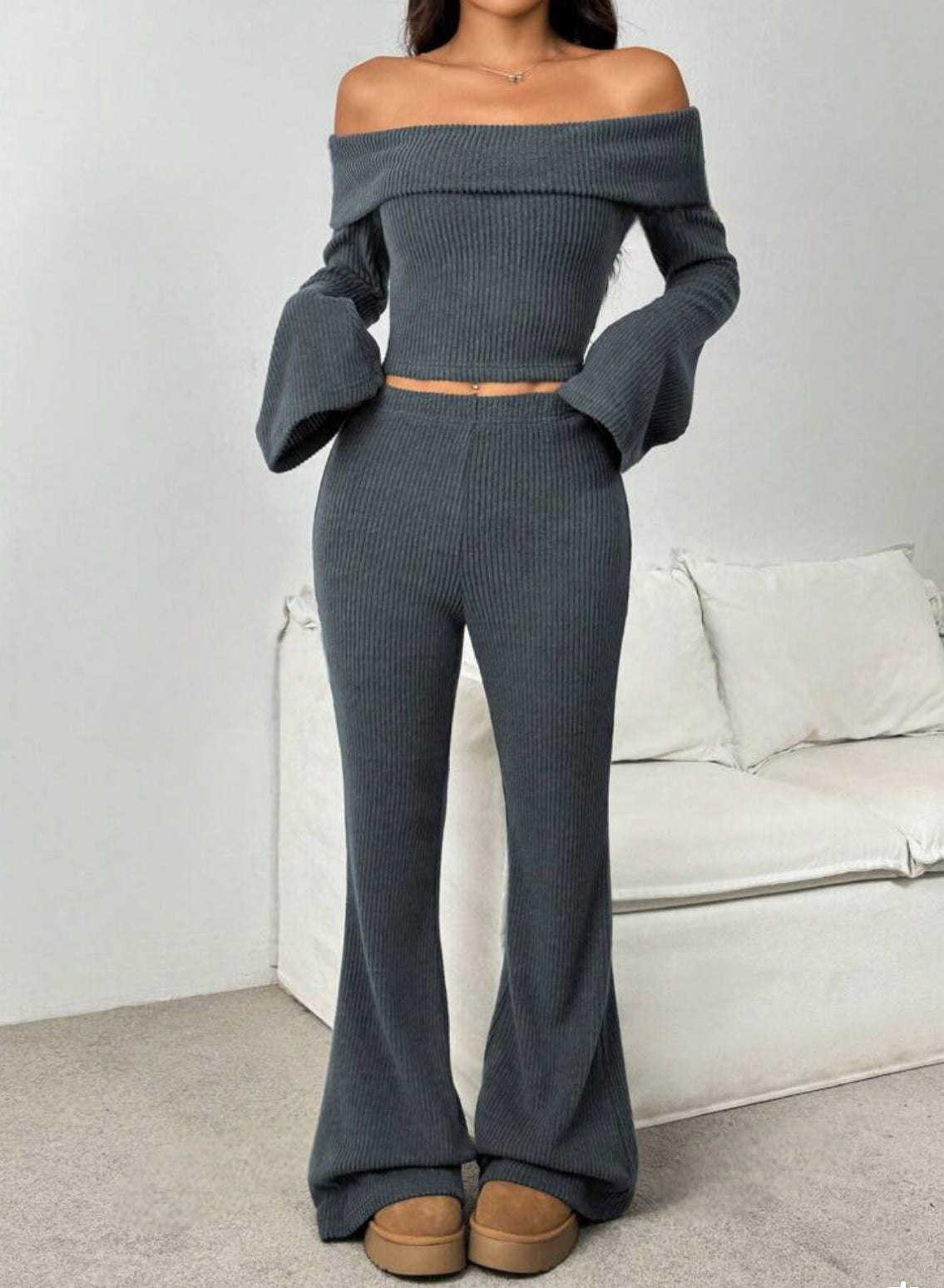 Off-neck Long-sleeve Knit Set