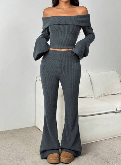 Off-neck Long-sleeve Knit Set