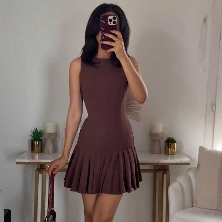 Round Neck Pleated Mini Dress