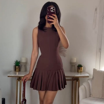 Round Neck Pleated Mini Dress