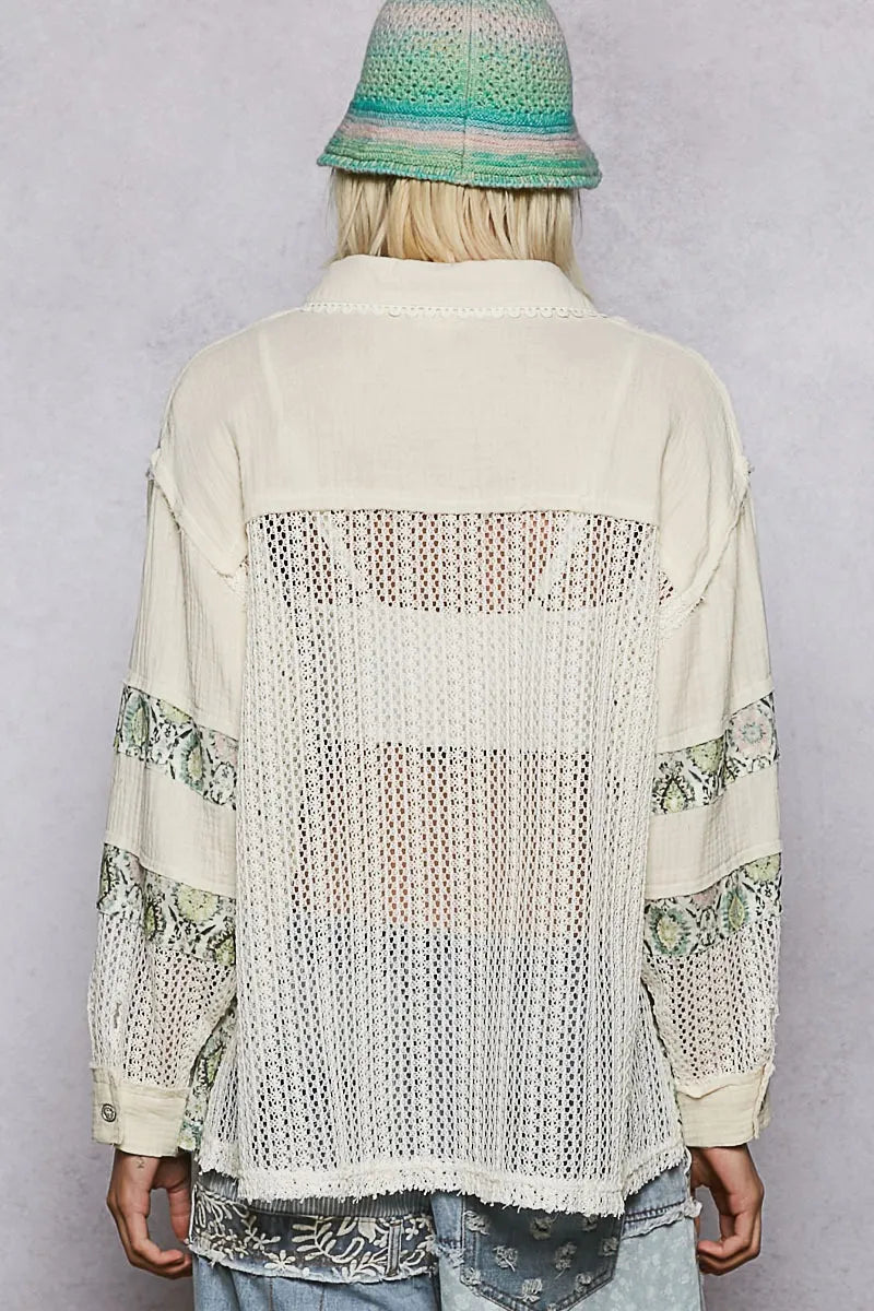 Woman wearing printed Crochet Patchwork Button-Up Shirt open with bralette  back view