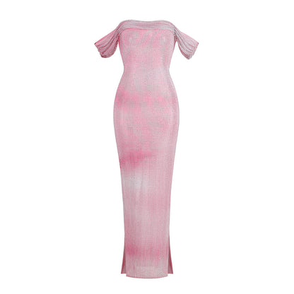 Off Shoulder Tube Top Sheer Rhinestone Dress