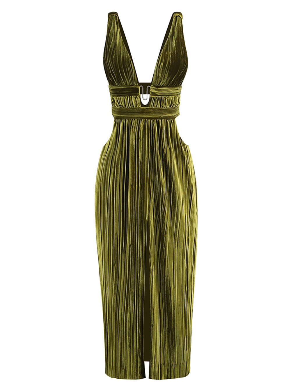 V-neck Strap Waist Slit Dress
