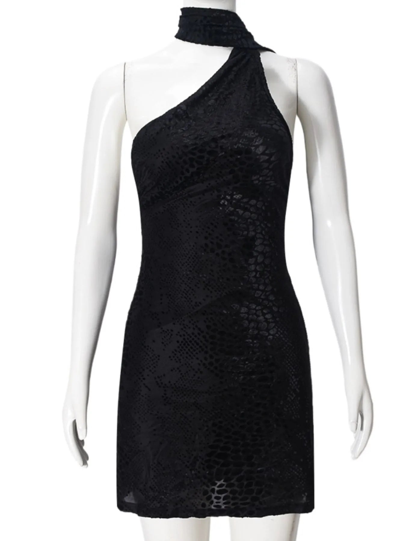 Black asymmetrical halter neck mini  dress on a mannequin against a white background