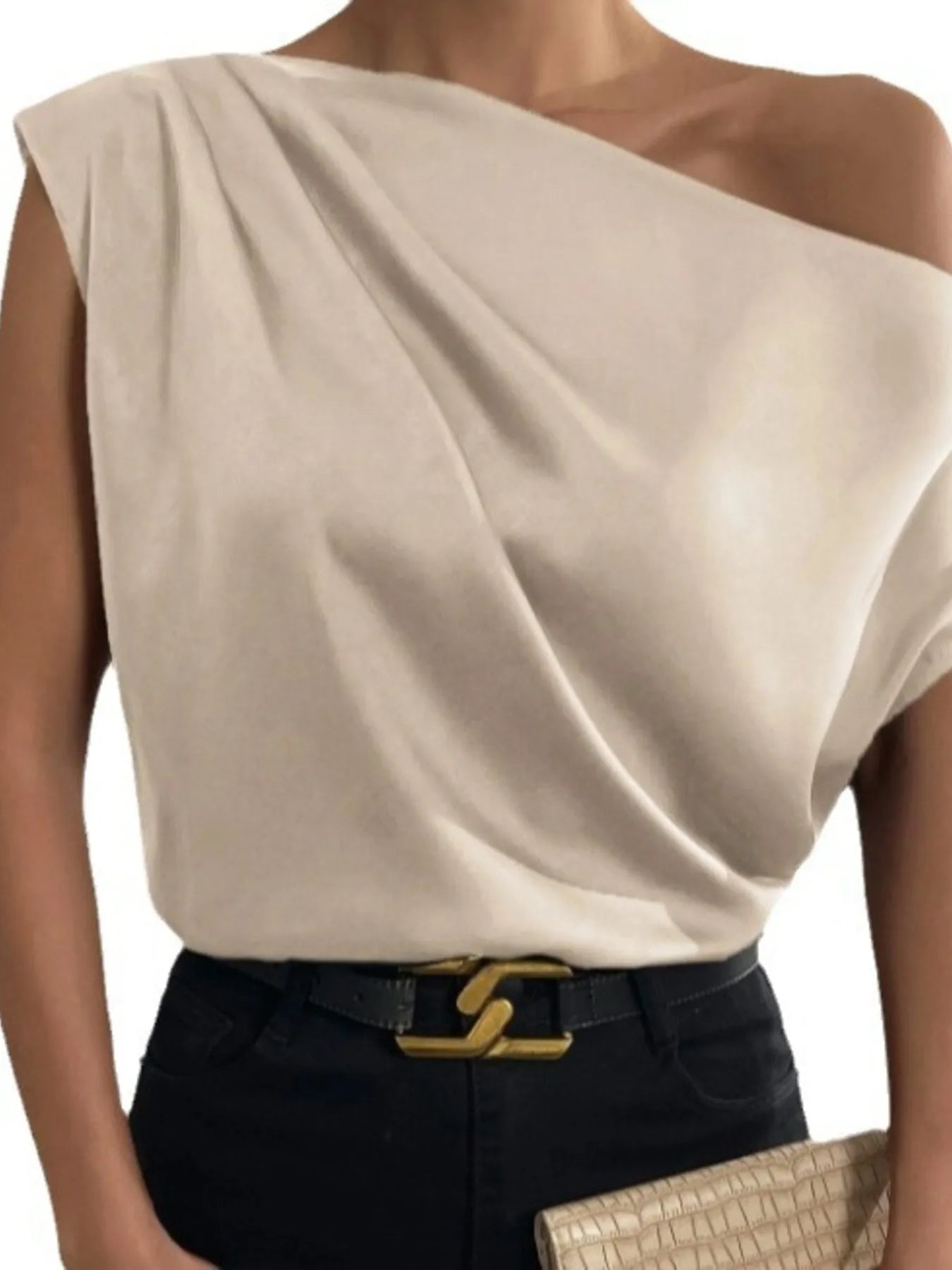 Beige Asymmetrical One-Shoulder Draped  Satin Blouse worn by a woman on a white background