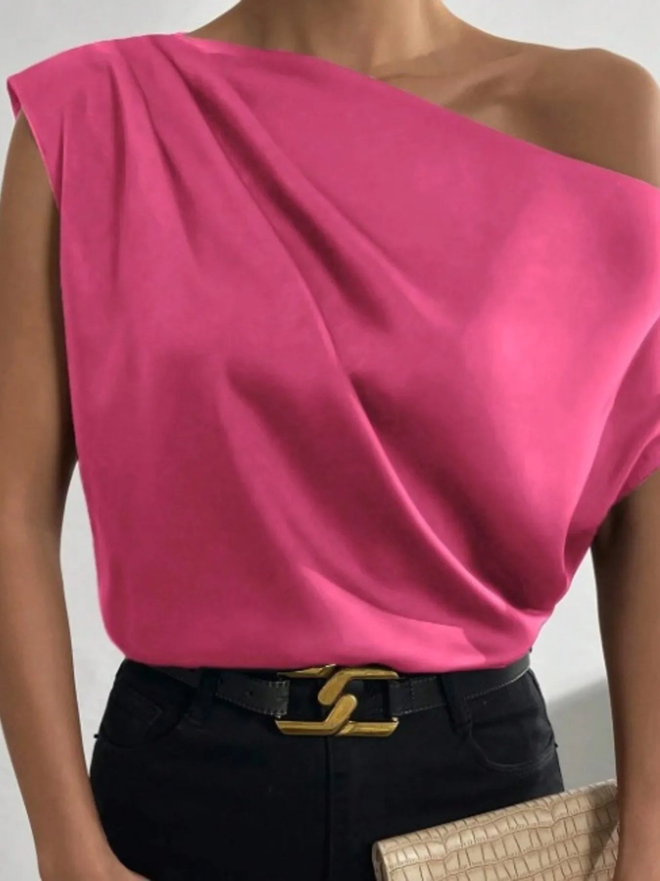 Pink Asymmetrical One-Shoulder Draped Blouse worn by a model on a plain background