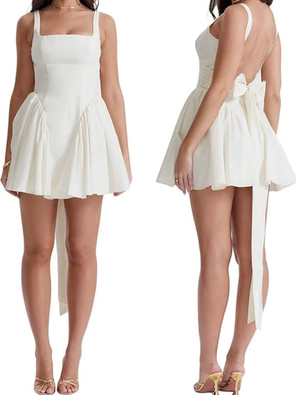 woman wearing backless Square Neck Mini Dress in white front and back view 