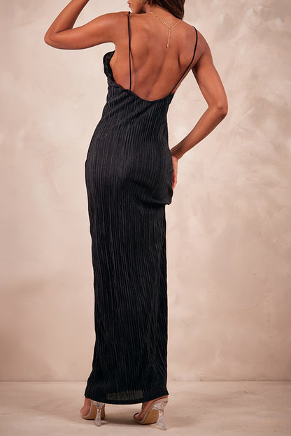  Model wearing  Backless black Maxi Cami Dress back view