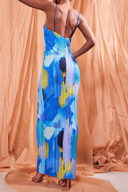  Model wearing  Backless blue Printed Maxi Cami Dress back view