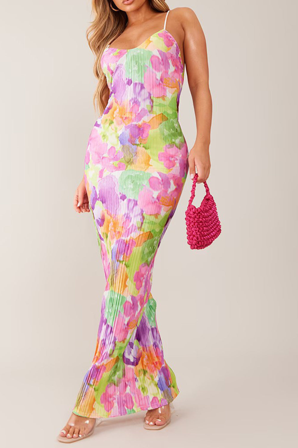 Model wearing Backless blush pink Printed Maxi Cami Dress front view
