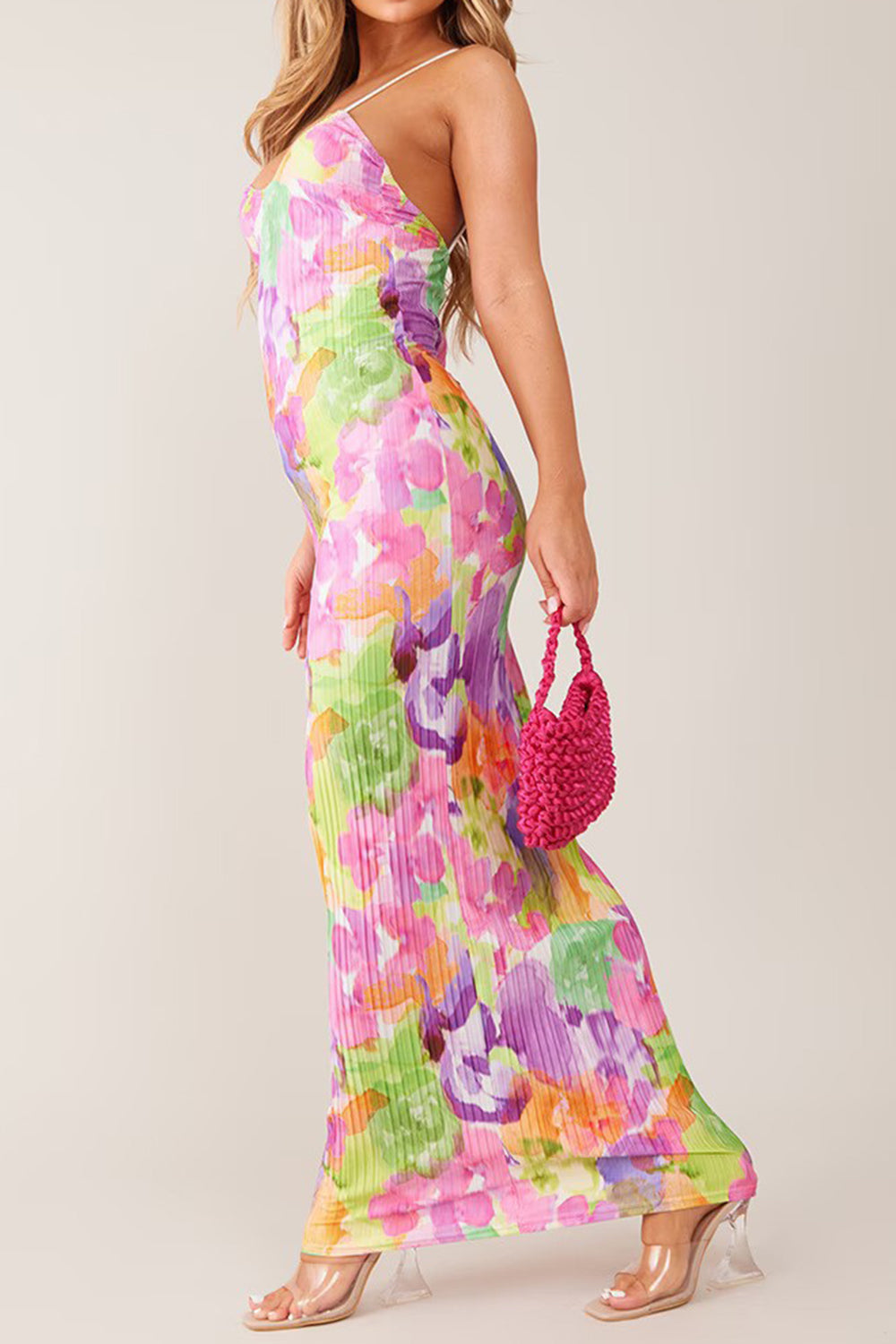 Model wearing Backless blush pink Printed Maxi Cami Dress side view