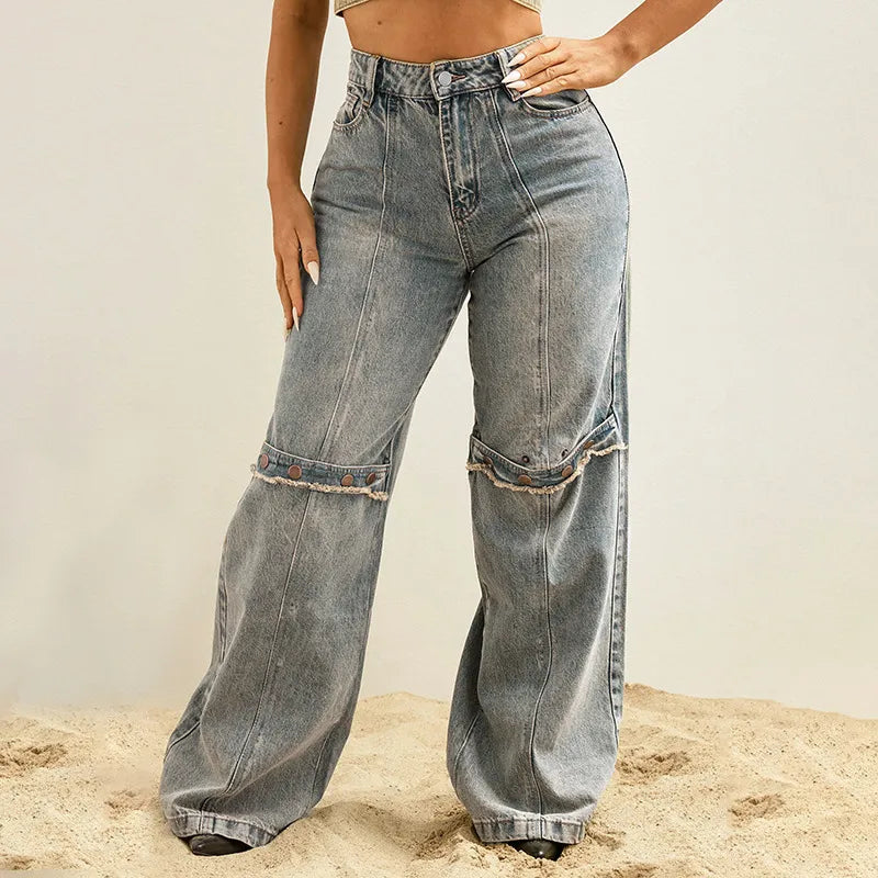Baggy Button Detail Straight Leg Jeans