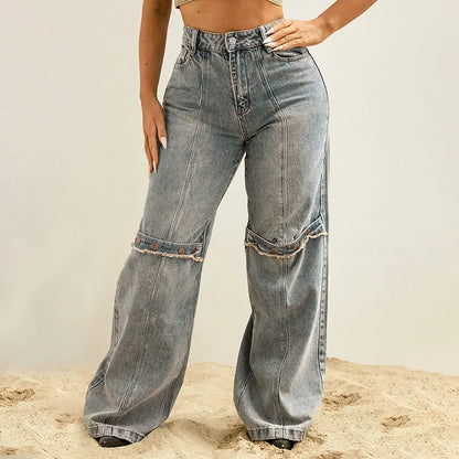 Baggy Button Detail Straight Leg Jeans