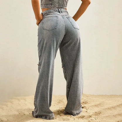 Baggy Button Detail Straight Leg Jeans