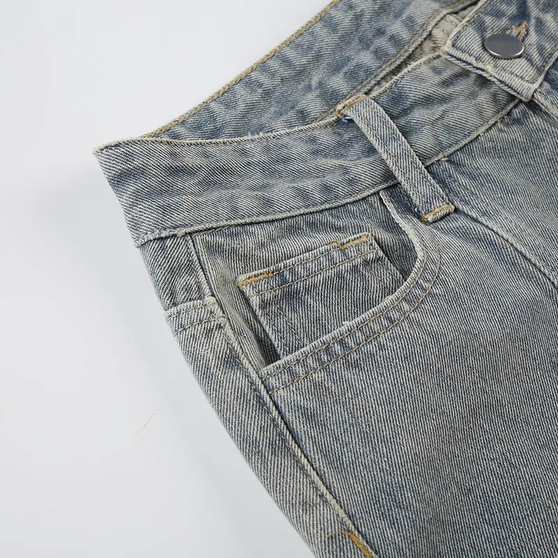 Baggy Button Detail Straight Leg Jeans