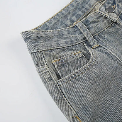 Baggy Button Detail Straight Leg Jeans