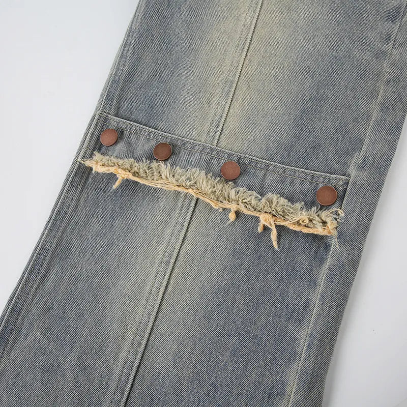 Baggy Button Detail Straight Leg Jeans