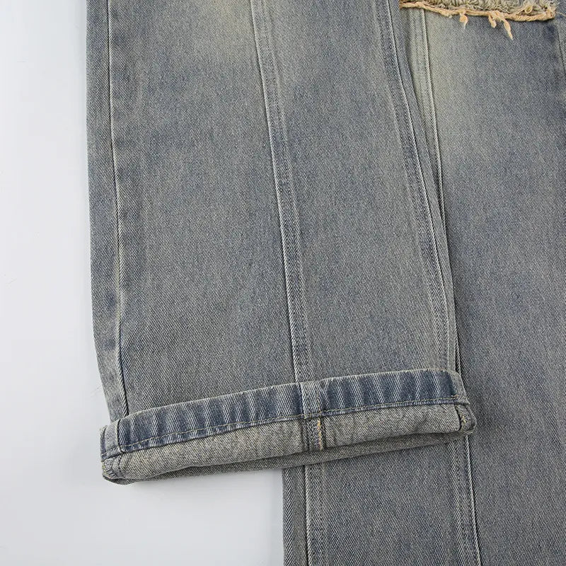 Baggy Button Detail Straight Leg Jeans