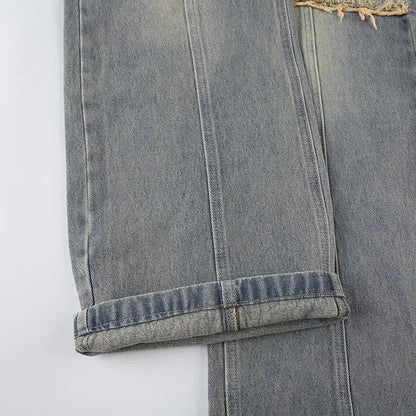 Baggy Button Detail Straight Leg Jeans