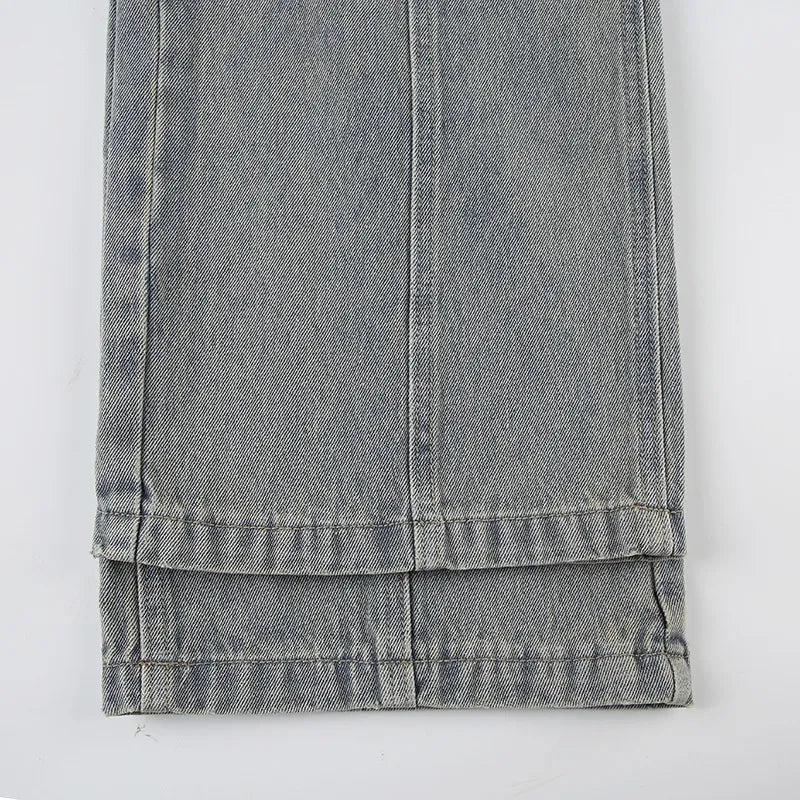 Baggy Button Detail Straight Leg Jeans