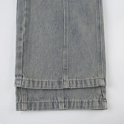 Baggy Button Detail Straight Leg Jeans