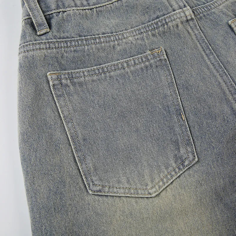 Baggy Button Detail Straight Leg Jeans