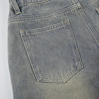 Baggy Button Detail Straight Leg Jeans