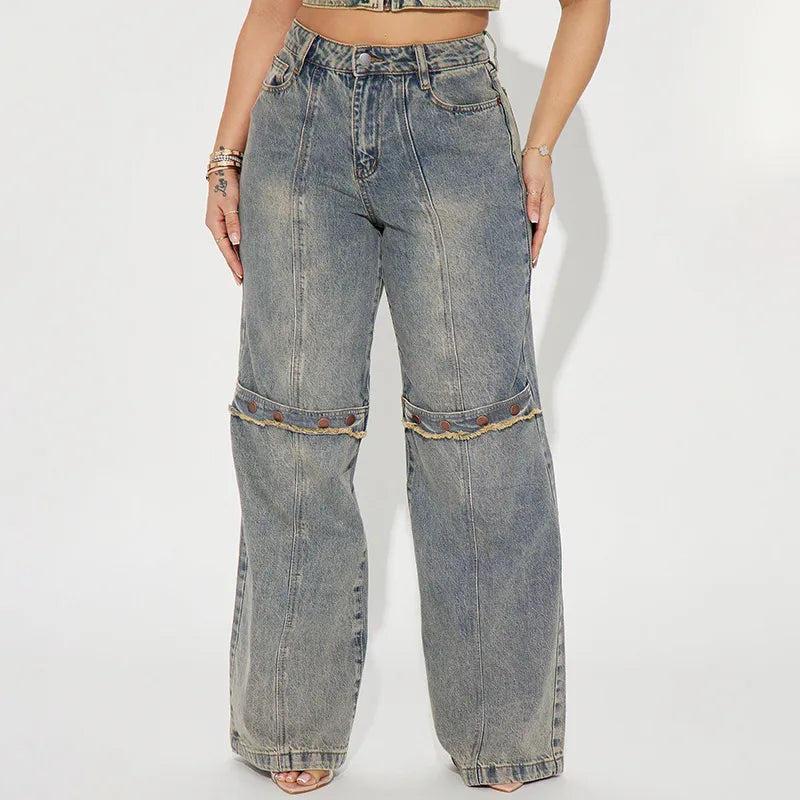 Baggy Button Detail Straight Leg Jeans