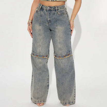 Baggy Button Detail Straight Leg Jeans