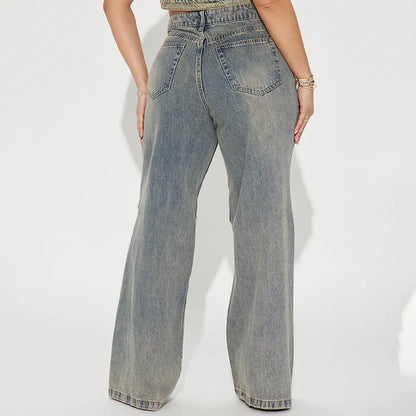 Baggy Button Detail Straight Leg Jeans