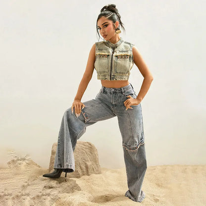 Baggy Button Detail Straight Leg Jeans