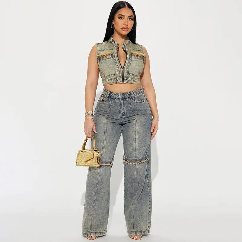 Baggy Button Detail Straight Leg Jeans
